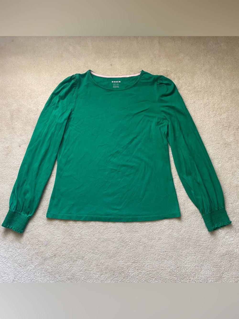 Boden Green Cotton Jersey Puff Shoulder Top Womens 8 Smocked Cuff Long Sleeve
